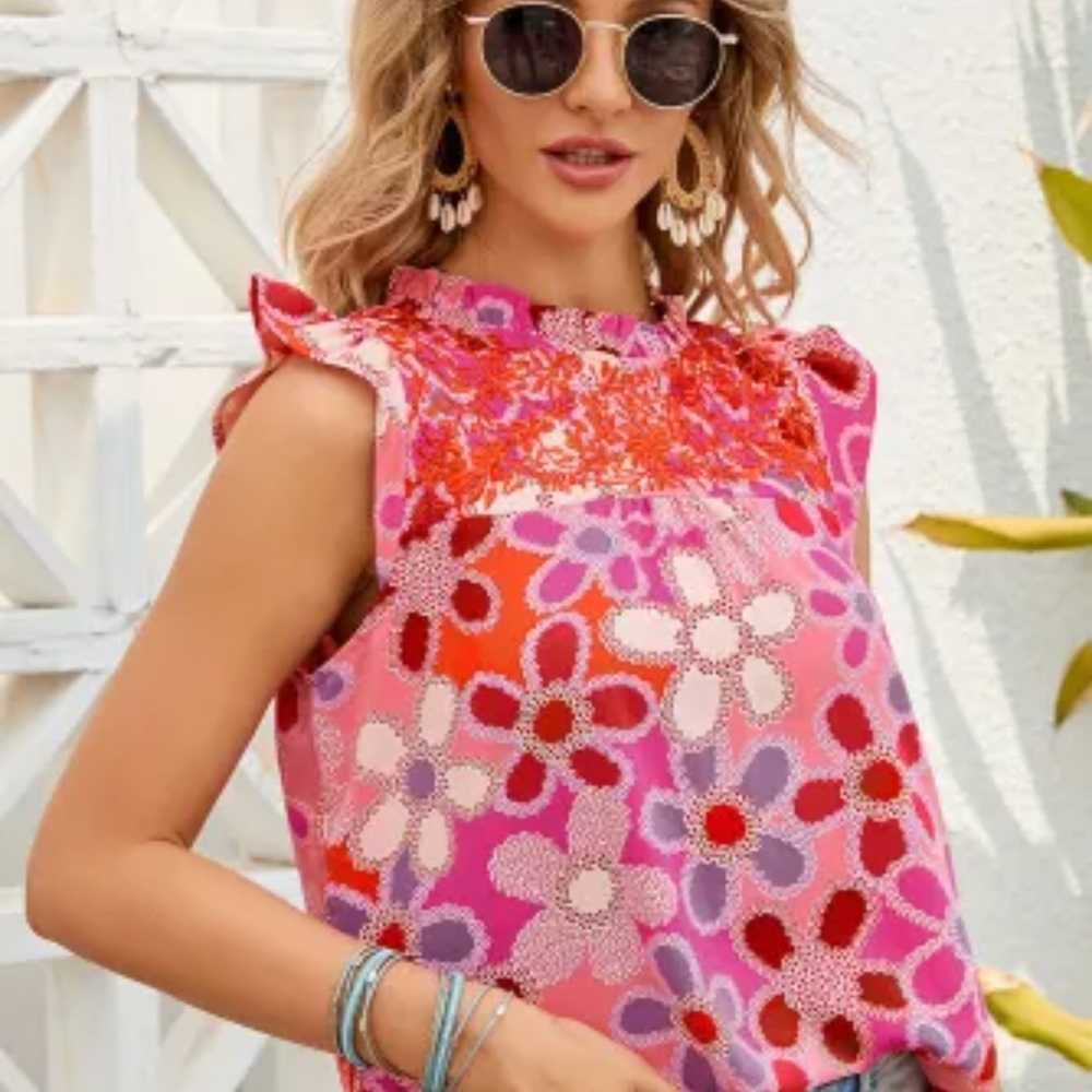 Pink Graphic Sleeveless Blouse Relaxed Fit VARIOUS Size MED left - Picture 4 of 7